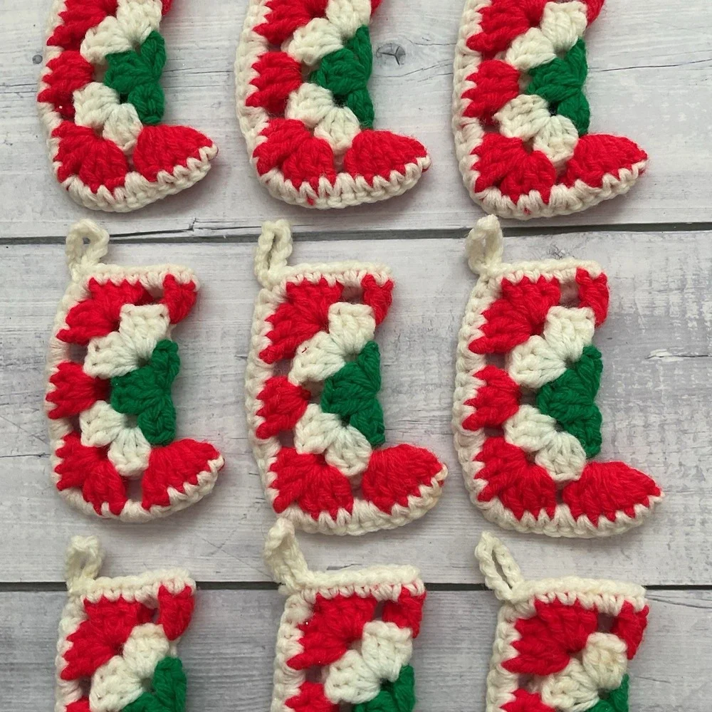 Granny‎ Square Mini Stocking Christmas Ornaments Lot Of 9 Handmade